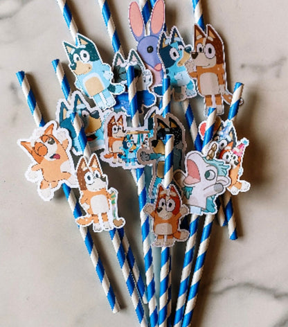 Blue Birthday Dogs Party Straws with Toppers: Variety Character Pack
