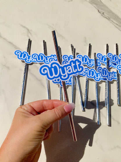 Party Straw Toppers: Blue Surfer Boy Custom with Name