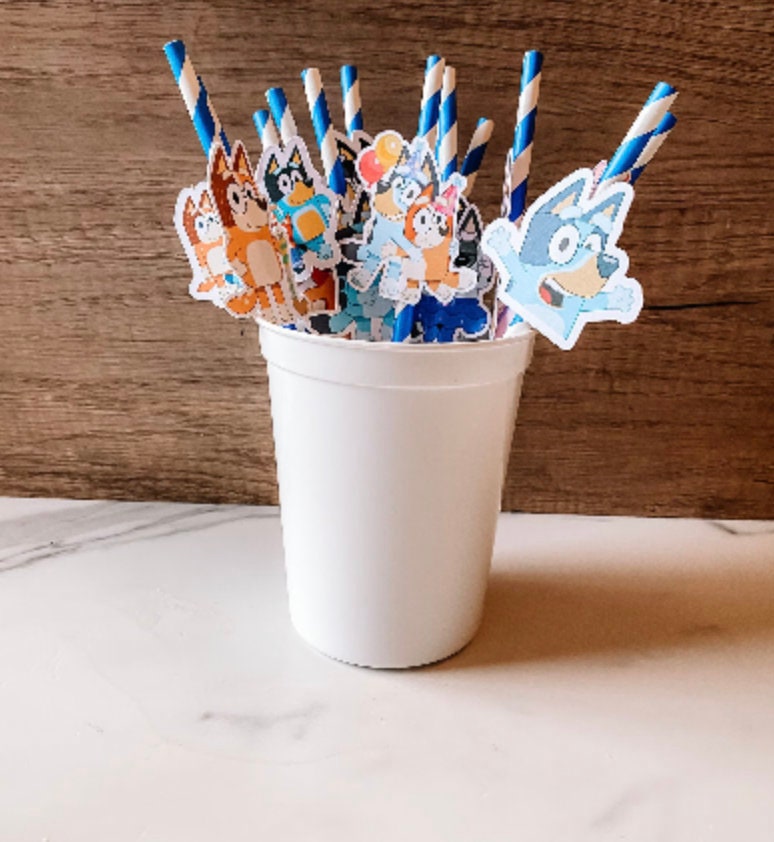 Blue Birthday Dogs Party Straws with Toppers: Variety Character Pack