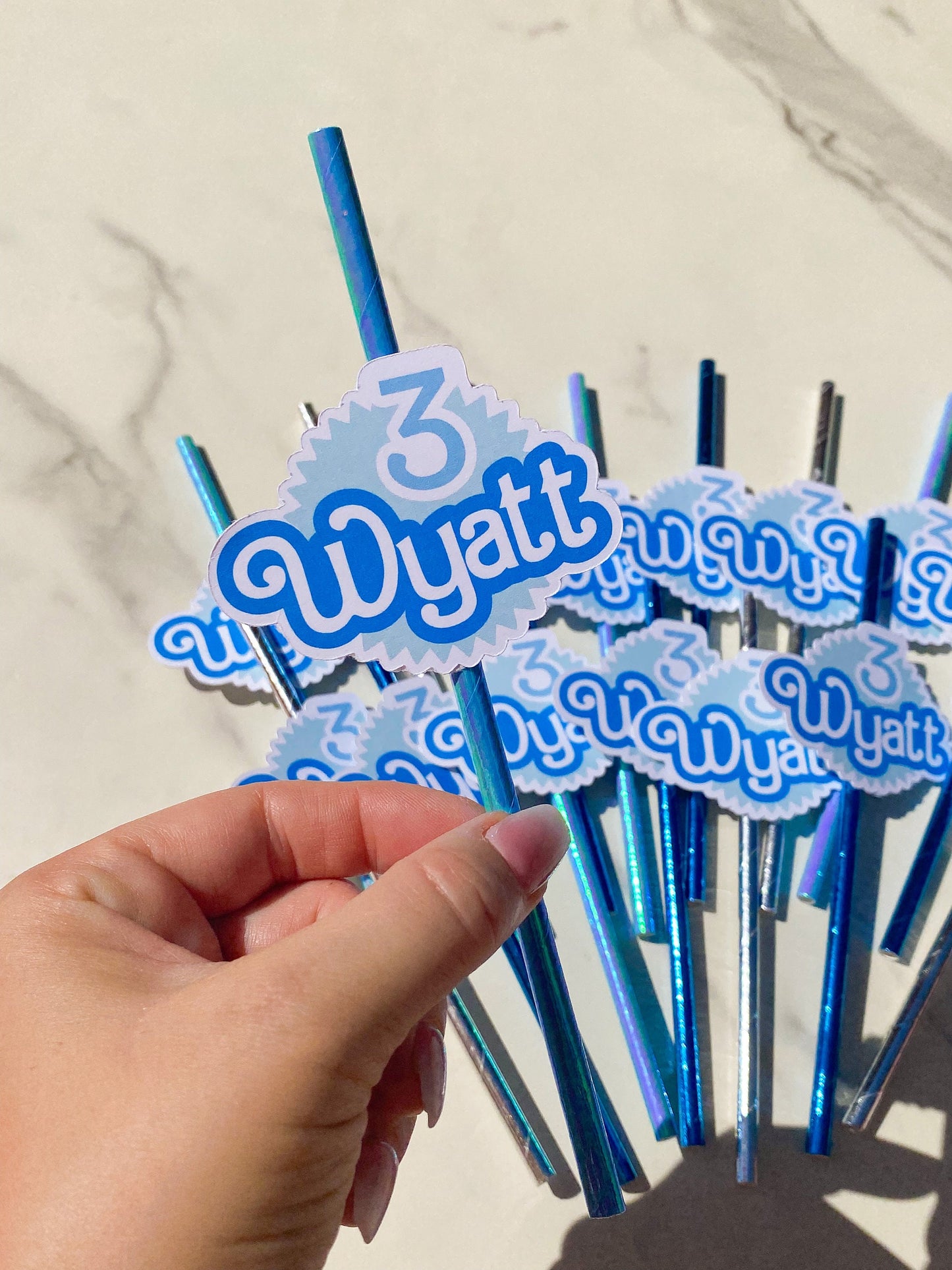 Party Straw Toppers: Blue Surfer Boy Custom with Name