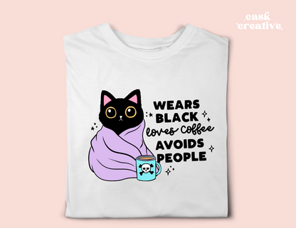 Funny Adult T-shirt and Tote Bags: Wears Black Drinks Coffee Cat