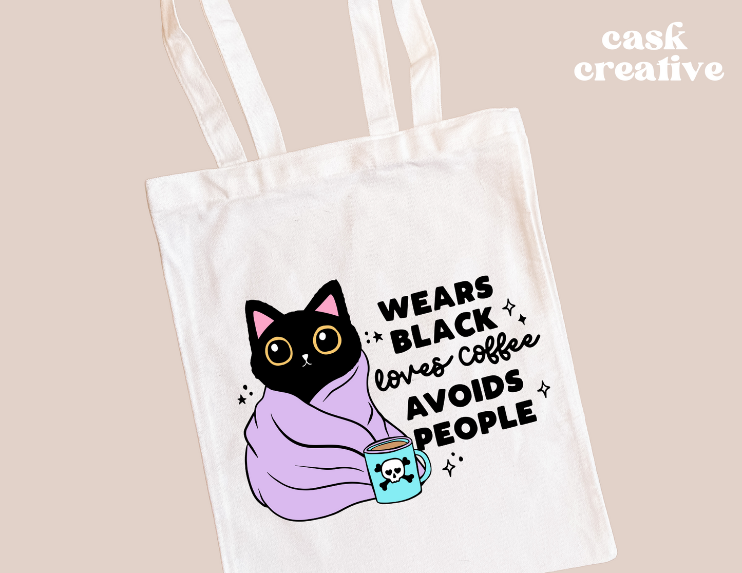 Funny Adult T-shirt and Tote Bags: Wears Black Drinks Coffee Cat