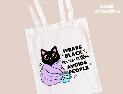 Funny Adult T-shirt and Tote Bags: Wears Black Drinks Coffee Cat