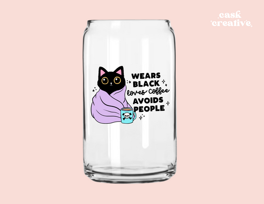 Plastic or Glass Cup with lid and straw: Funny Wears Black Drinks Coffee Cat