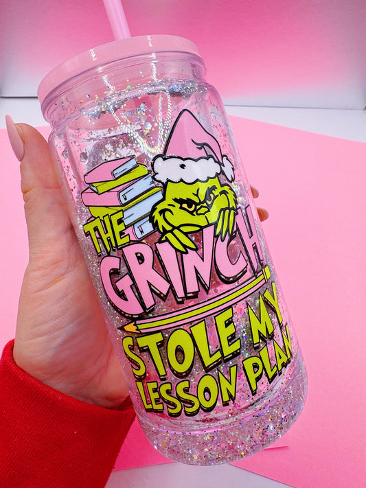 Snow Globe Plastic Cup with lid and straw: Teacher Grinch Lesson Plan