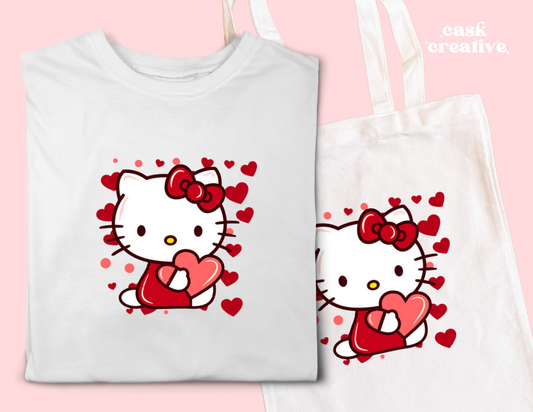 Unisex Youth and Adult T-shirt or Tote Bag: Valentine's Day Kitty Hearts