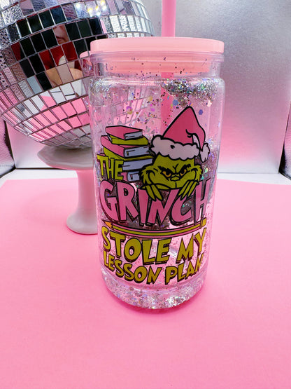 Snow Globe Plastic Cup with lid and straw: Teacher Grinch Lesson Plan