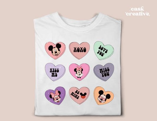 Unisex Youth and Adult T-shirt or Tote Bag: Valentine's Day Mickey Friends Candy Hearts