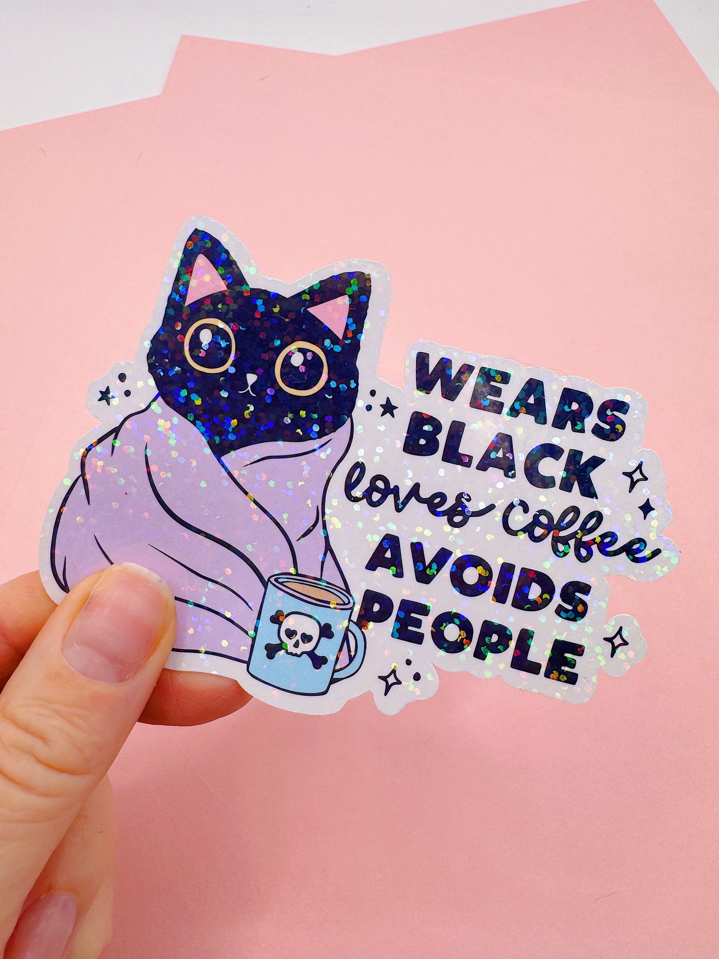 Die Cut Sticker Water Bottle Decals: Funny Wears Black Loves Coffee Avoids People Cat