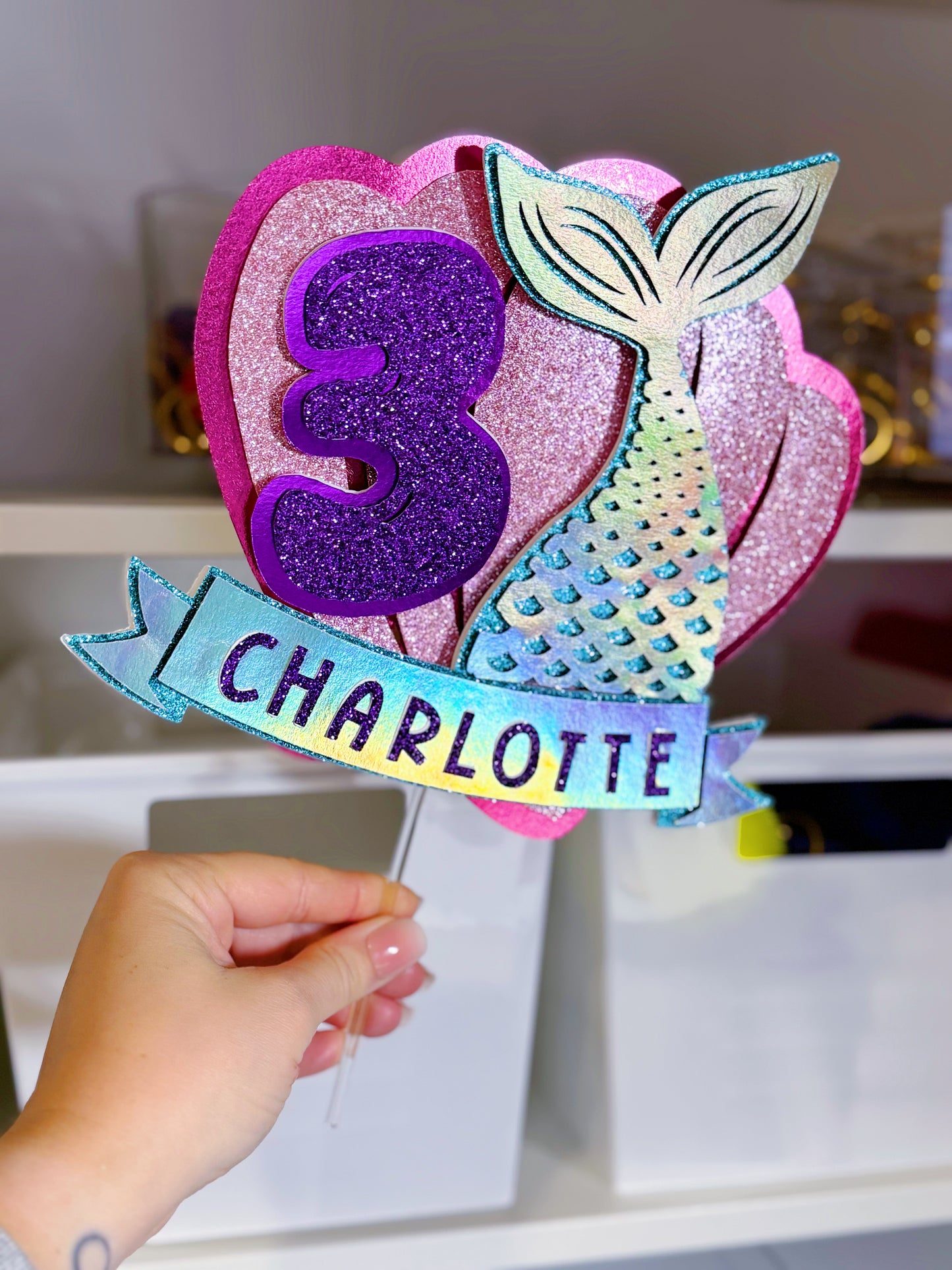 Glitter Mermaid Birthday Cake Topper: Custom with Name and Age