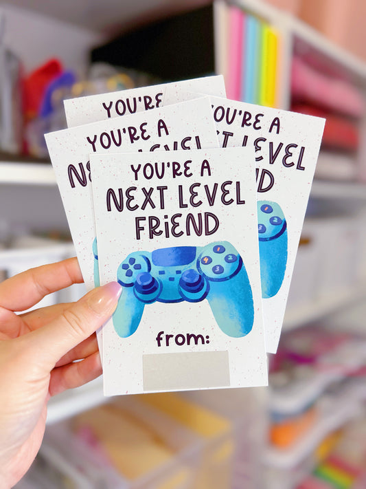 Printed Scratch Off Kids Classroom Valentine's Day Cards: Next Level Friend Gaming