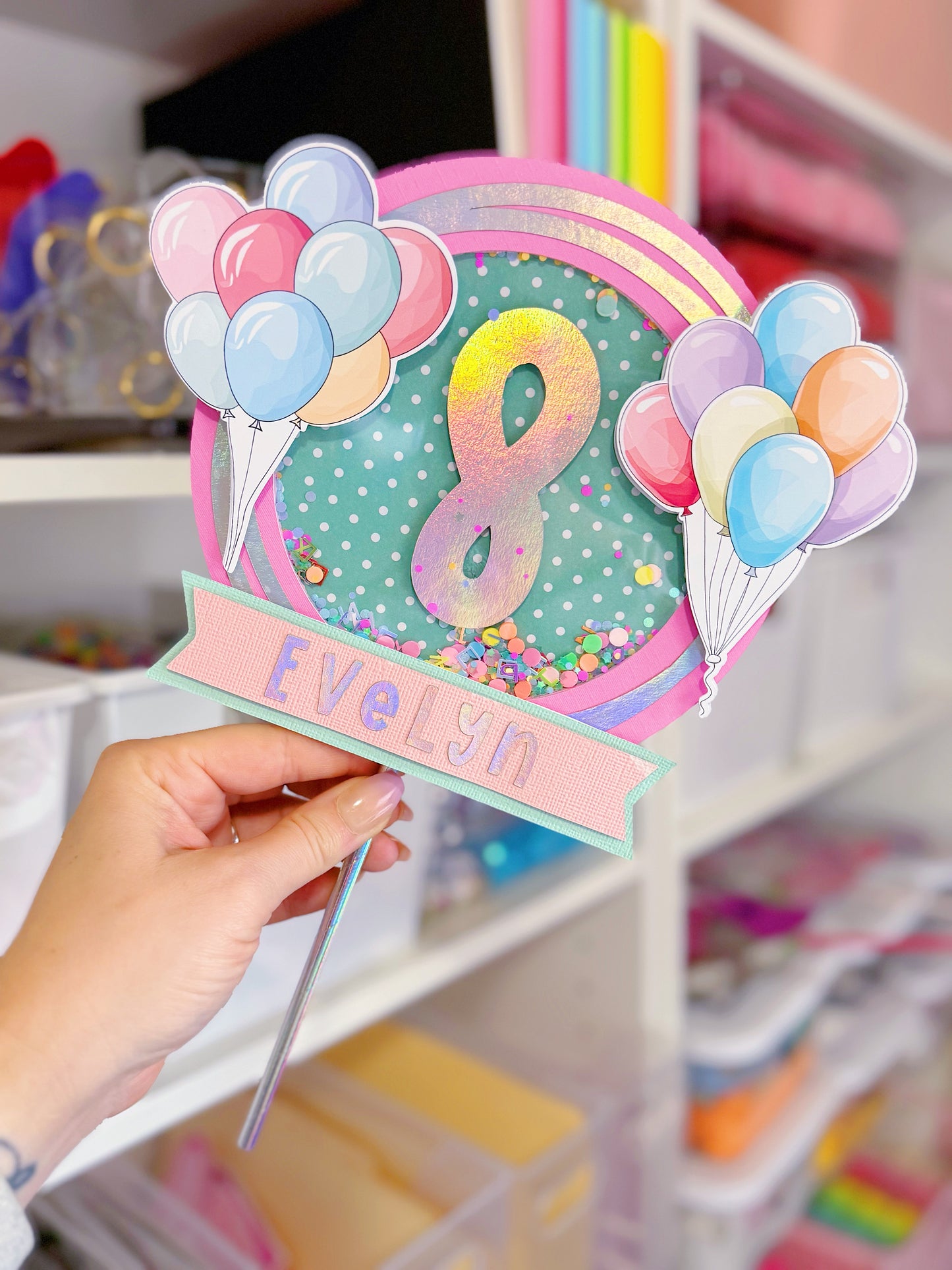 Deluxe Balloon Birthday Shaker Cake Topper: Custom with Name and Age