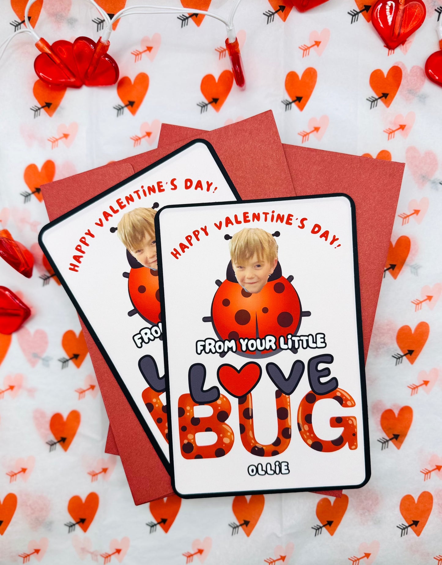 Valentine's Day Cards with Photo Love Bug: Set of 10 Custom Printed Cards Party Favors