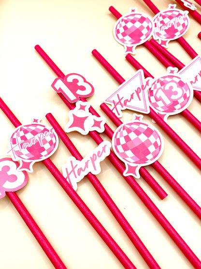 Party Favor Printed Drink Straw Toppers: Pink Disco Custom with Name