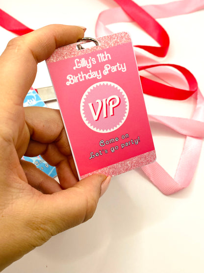 Party Favors: Girly Pink Glitter Custom VIP Pass with Lanyard