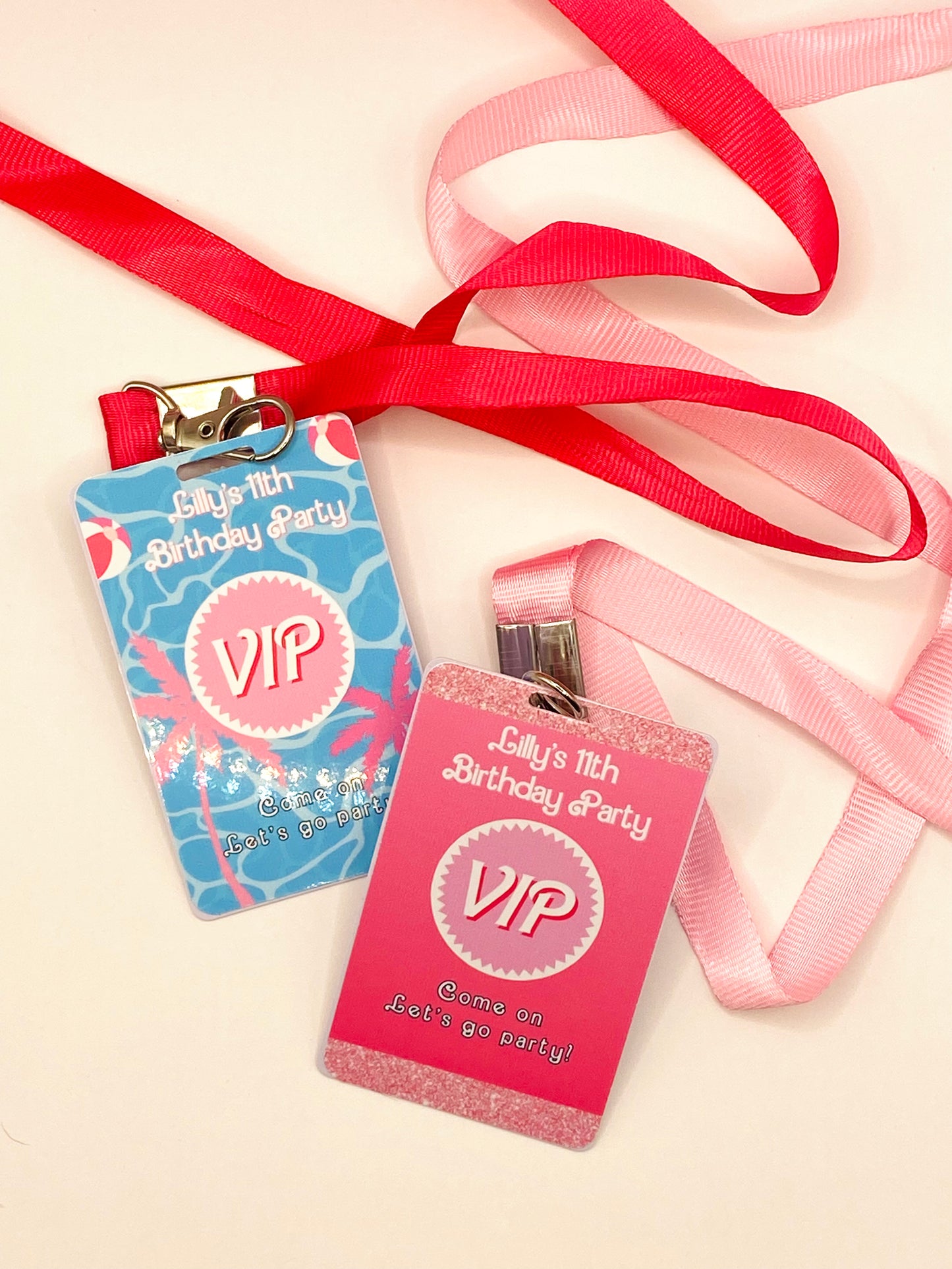 Party Favors: Girly Pink Glitter Custom VIP Pass with Lanyard