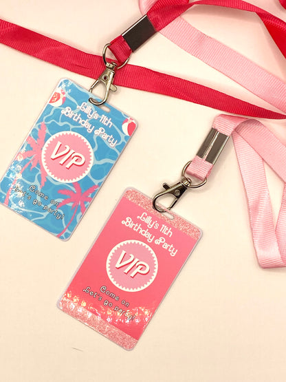 Party Favors: Girly Pink Glitter Custom VIP Pass with Lanyard