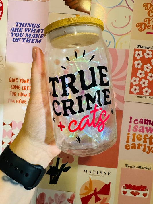 SALE Glass Mug with Lid and Straw: True Crime and Cats