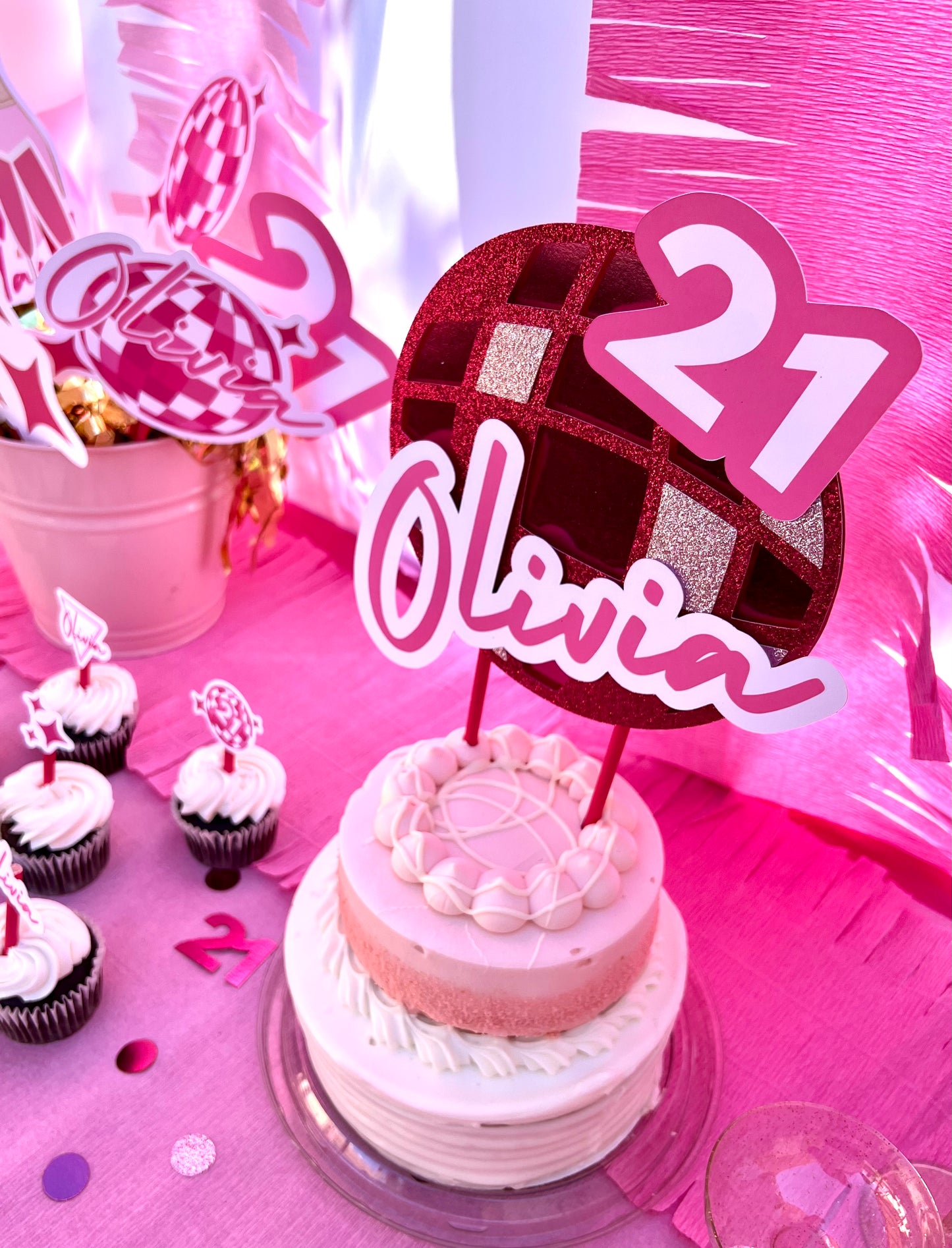 Pink Disco Birthday Cake Topper: Custom with Name and Age