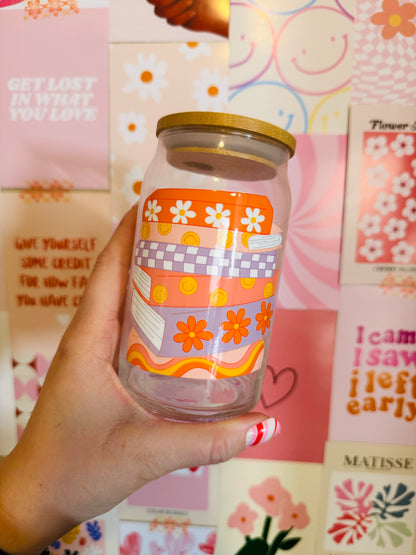 SALE Glass Mug with Lid and Straw: Retro Smiley Books