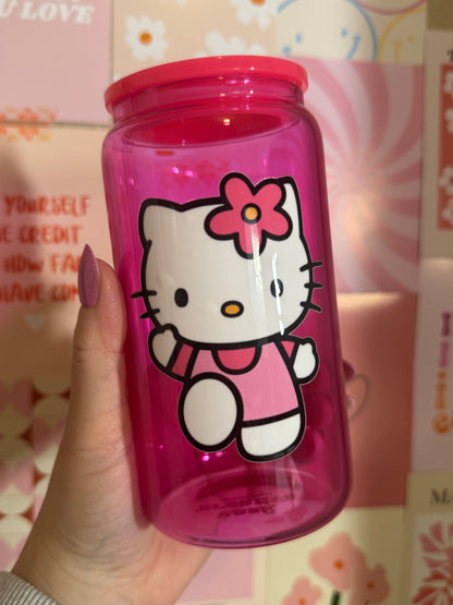 SALE Pink Glass Mug with Lid and Straw: Hello Kitty