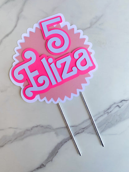 Girly Pink and White Cake Topper: Custom with Name and Age