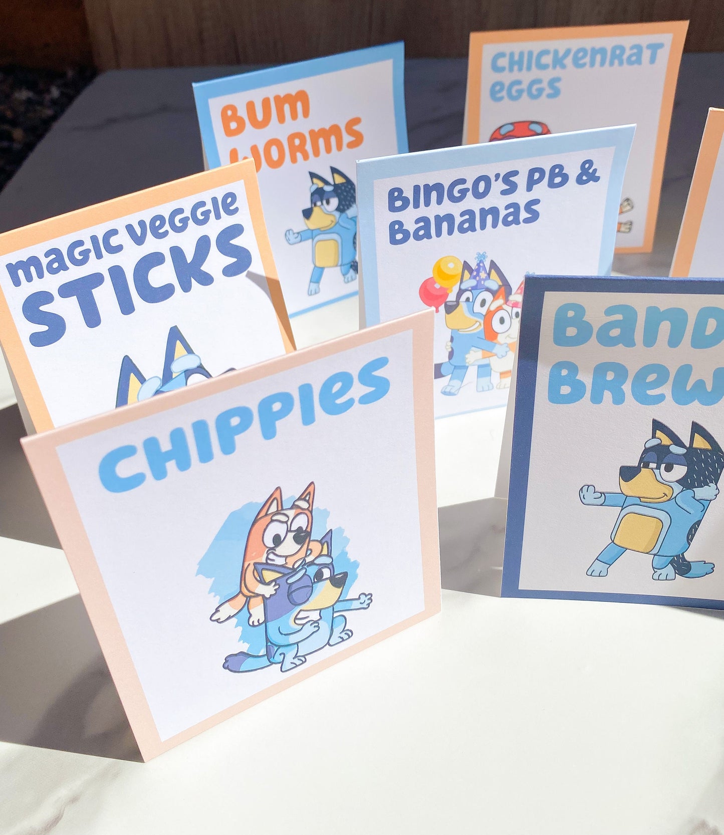 Printed Food Beverage Tent Cards: Bluey Birthday