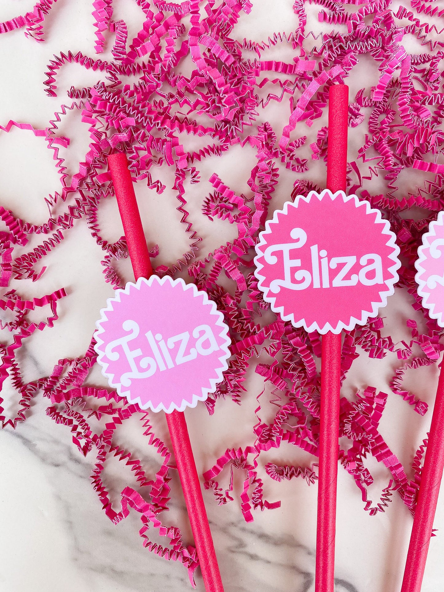 Party Favor Printed Drink Straw Toppers: Girly Pink Custom with Name