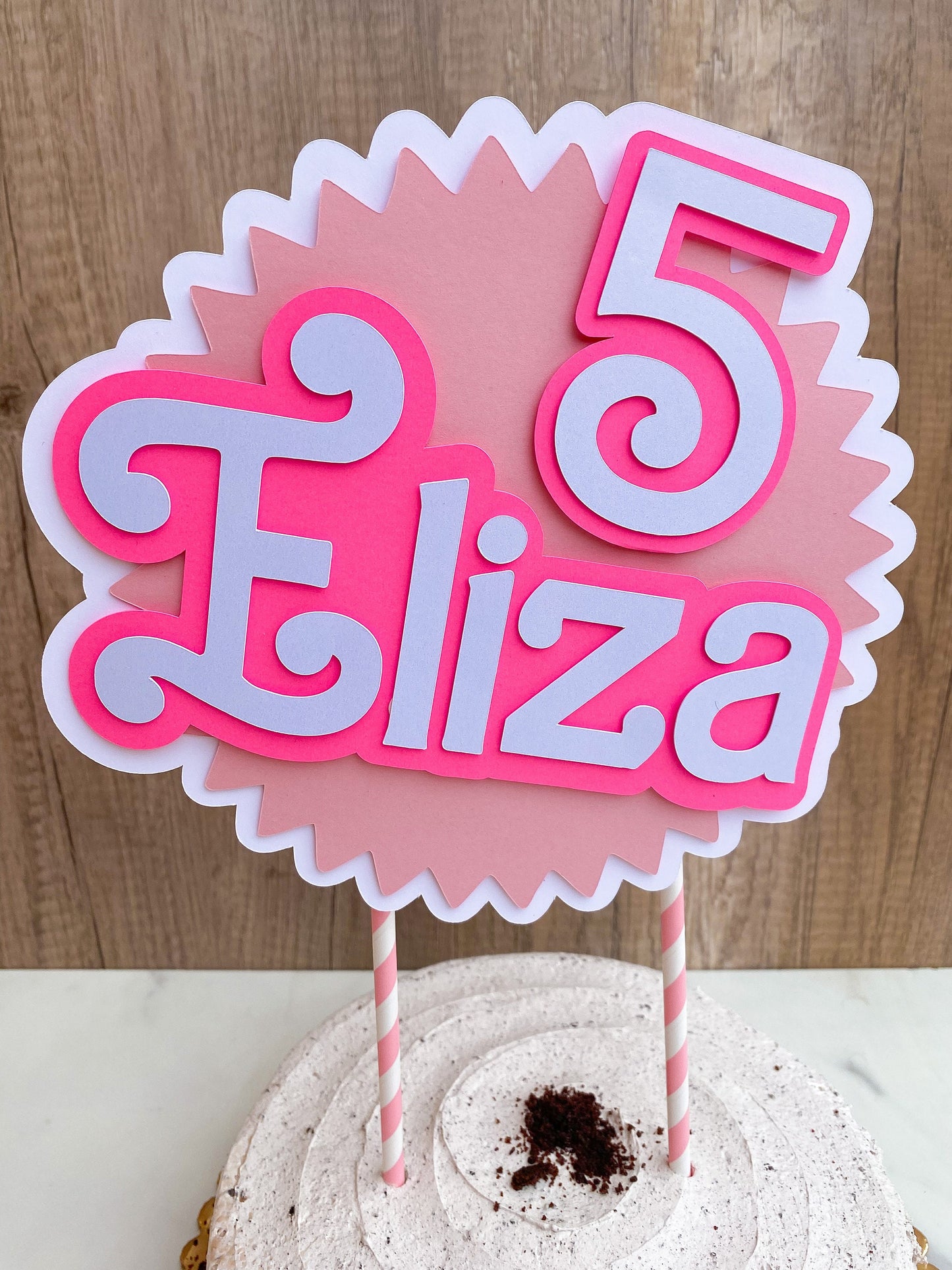 Girly Pink and White Cake Topper: Custom with Name and Age