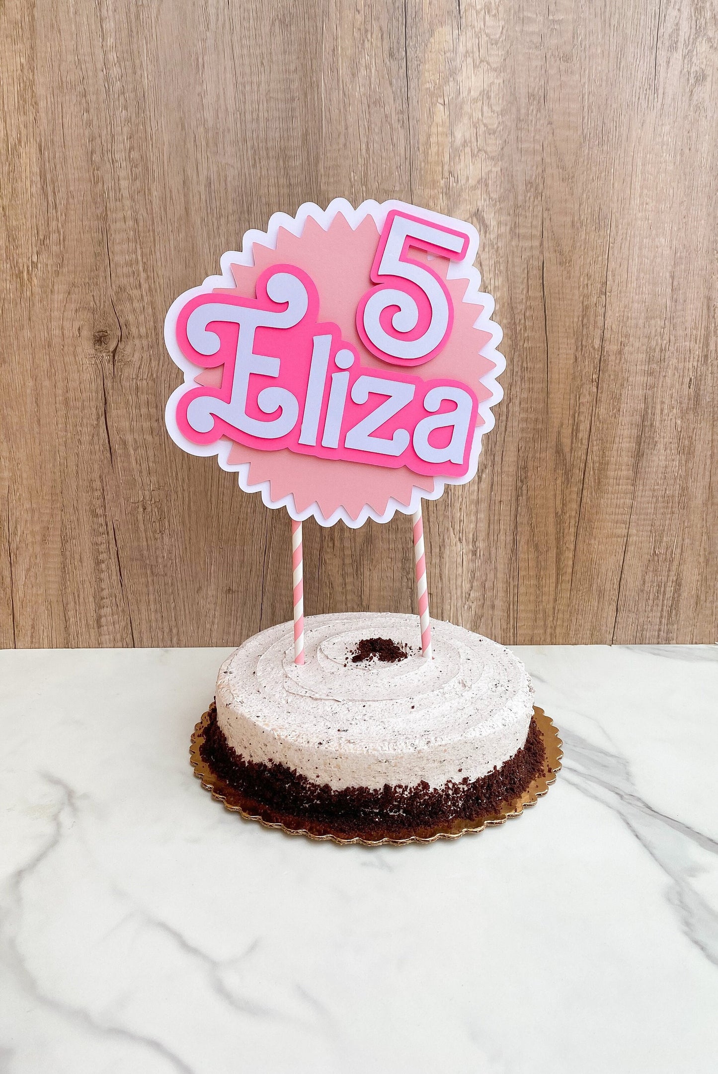 Girly Pink and White Cake Topper: Custom with Name and Age